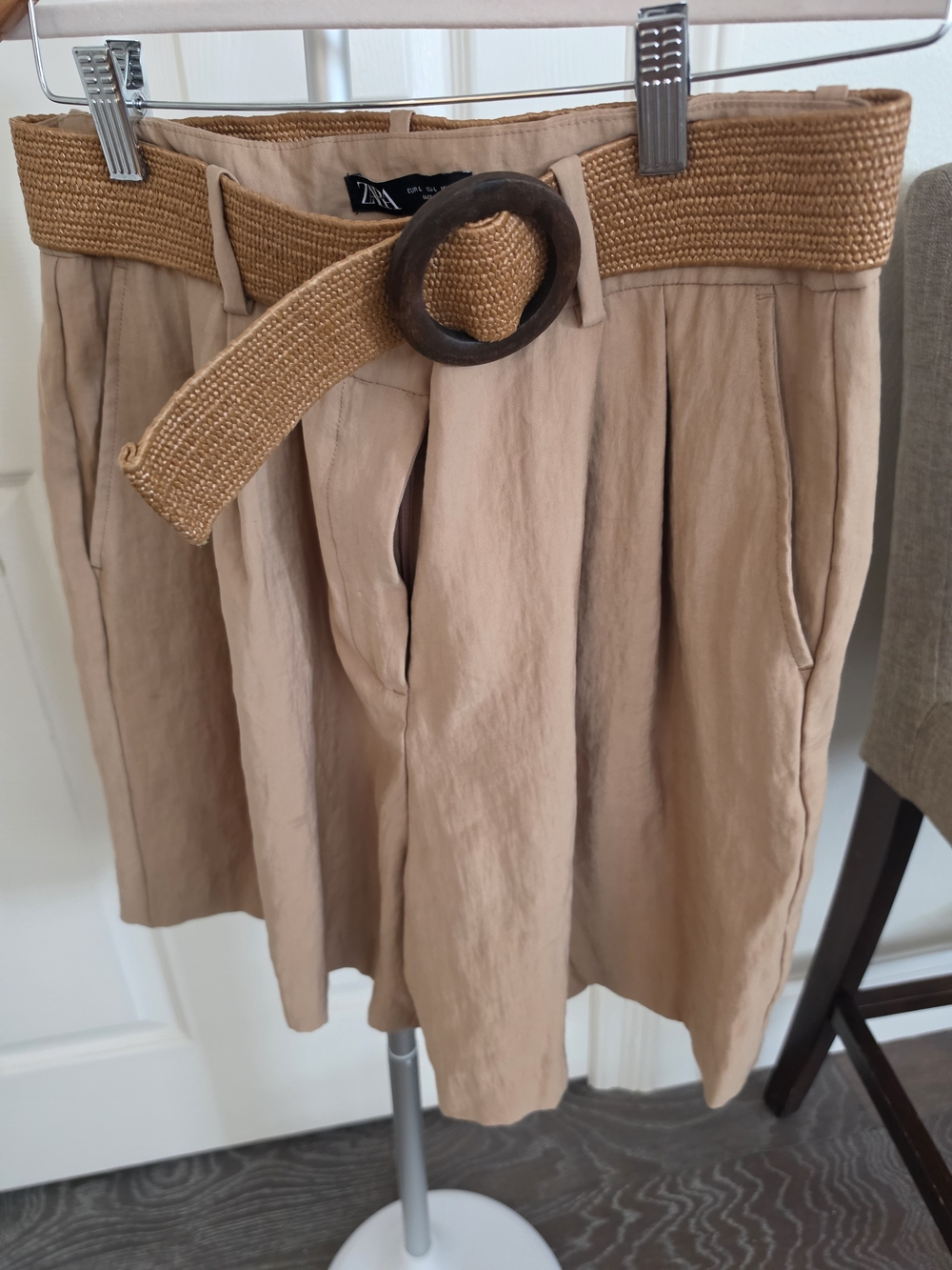 Zara Tan Paperbag Waist Bermuda Shorts with Woven Belt